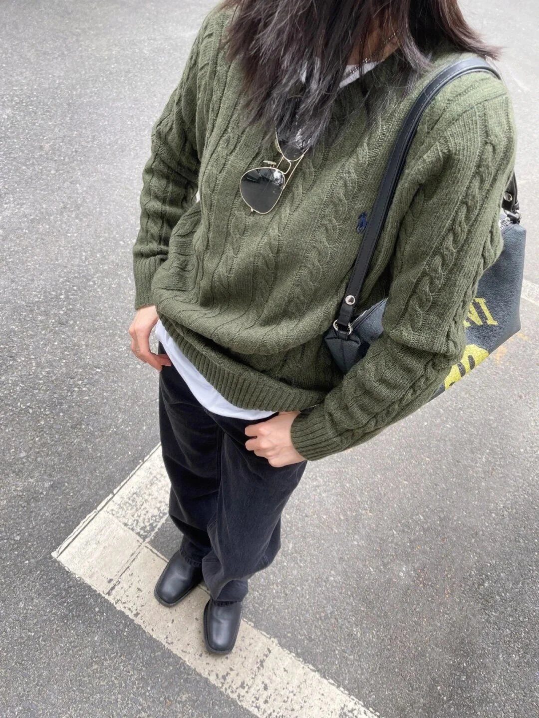 Ralph Lauren Olive Green Cable Knit Crewneck Sweater - Buy at OopBuy