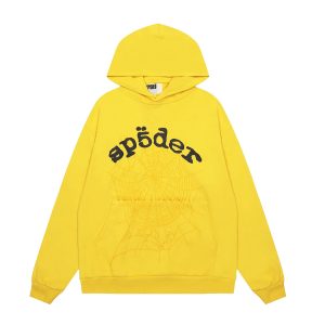 Sp5der Yellow Web Graphic Pullover Hoodie Sweatshirt