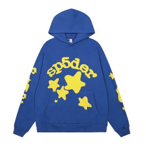Sp5der Blue Yellow Star Graphic Pullover Hoodie Streetwear