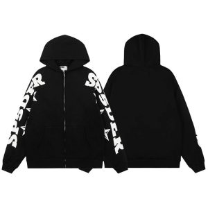 Sp5der Black Zip Up Hoodie White Logo Sleeve Sweatshirt