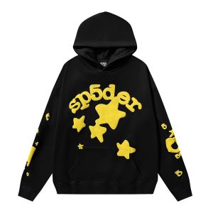 Sp5der Black Yellow Star Graphic Pullover Hoodie