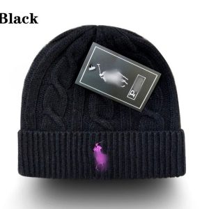 Ralph Lauren Black Cable Knit Beanie with Pony Logo