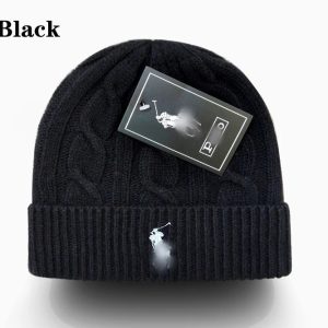 Ralph Lauren Black Cable Knit Beanie with Polo Pony