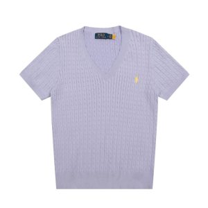 Ralph Lauren Purple Cable Knit V Neck Short Sleeve Sweater