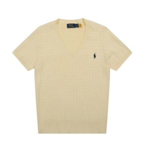 Ralph Lauren Beige Cable Knit V-Neck Short Sleeve Sweater