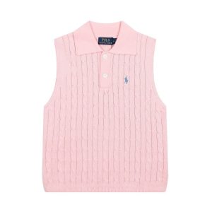Ralph Lauren Pink Cable Knit Sleeveless Polo Sweater