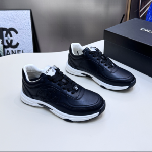 Chanel Black Leather CC Logo Low Top Sneakers