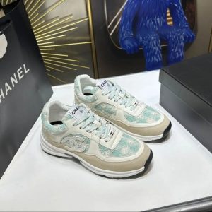 Chanel Women’s White Green Logo Lace-Up Sneakers