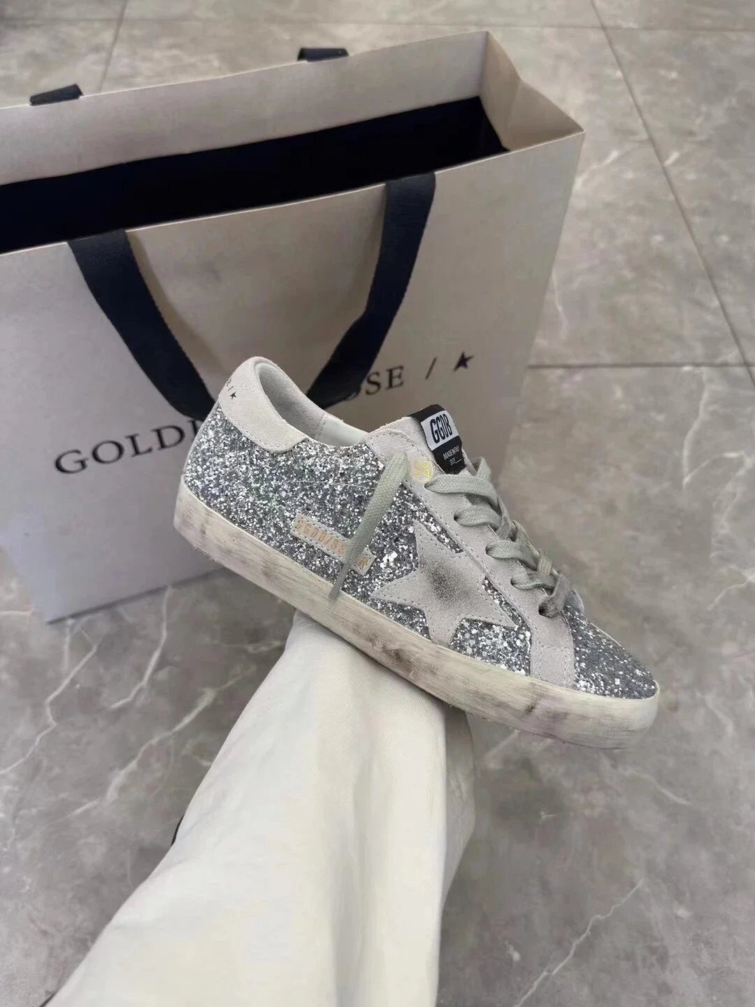Golden Goose Superstar Silver Glitter Low Top Shoes - Buy at OopBuy
