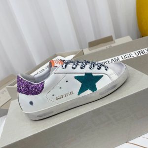 Golden Goose White Sneakers Teal Star Purple Glitter Heel
