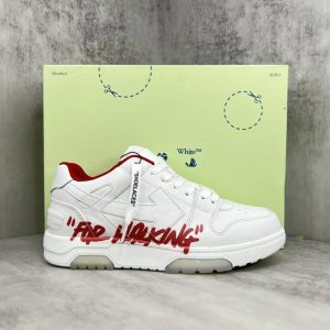 Off-White Inspired White Low Top Sneakers with Red Graphic