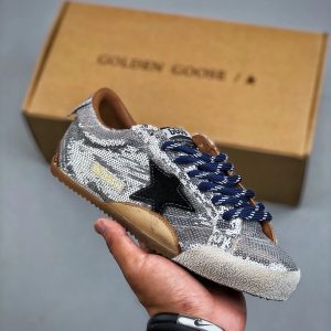 Golden Goose Silver Sequin Black Star Sneakers Blue Laces