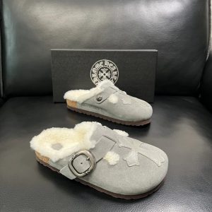 Chrome Hearts Gray Shearling Lined Buckle Clog Shoes