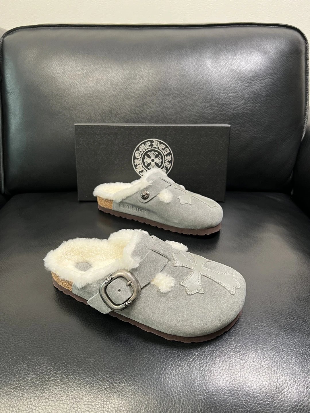 Chrome Hearts Chrome Hearts Gray Shearling Lined Buckle Clog Shoes - Buy at OopBuy