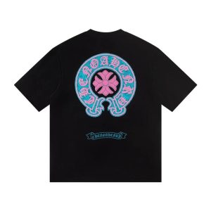 Chrome Hearts Black T-Shirt Turquoise Horseshoe Floral Logo