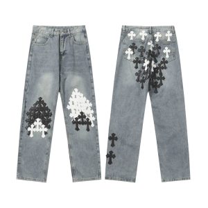Chrome Hearts Gray Denim Jeans Cross Patch Pants