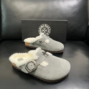 Chrome Hearts Gray Suede Shearling Lined Buckle Clogs