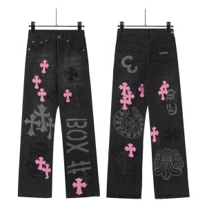 Chrome Hearts Black Jeans Pink Cross Graphic Wide Leg Pants