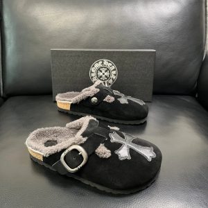 Chrome Hearts Black Shearling Cross Buckle Mules