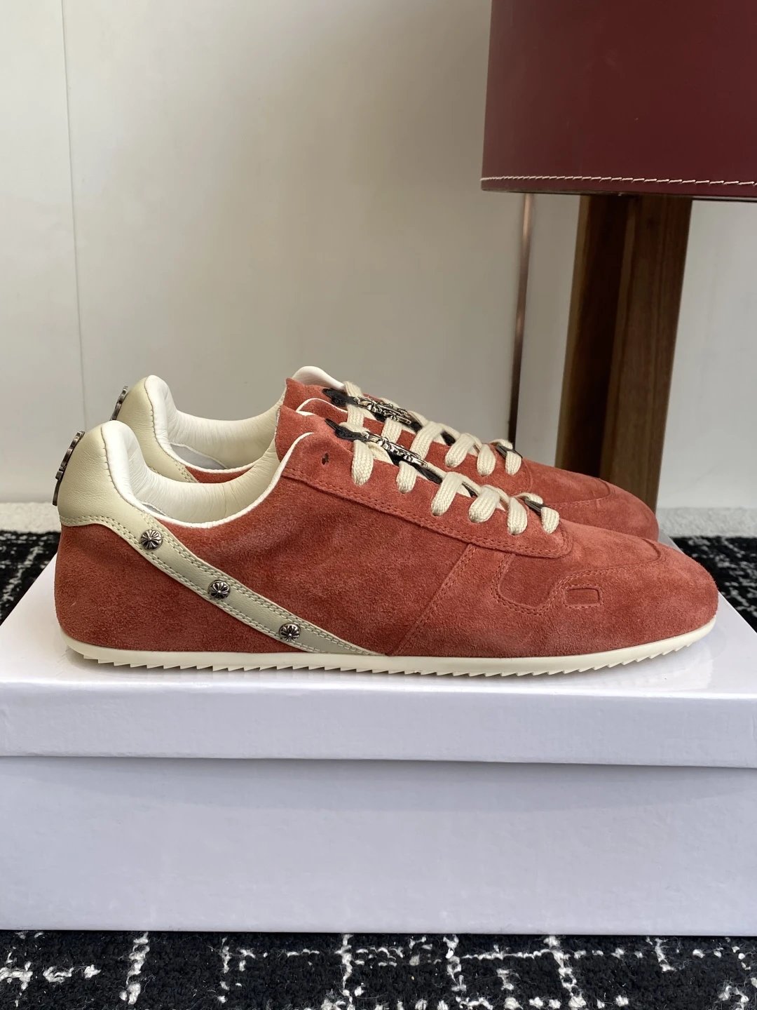 Chrome Hearts Chrome Hearts Red Suede Low Top Sneakers with Cream Stripe - Buy at OopBuy