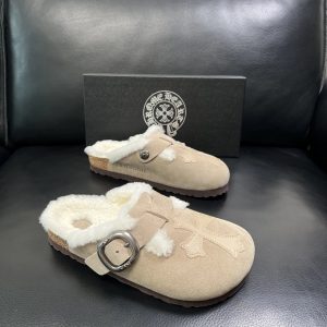 Chrome Hearts Shearling Lined Suede Buckle Clog Slippers