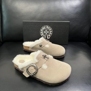 Chrome Hearts Shearling Buckle Clog Slippers Beige Shoes