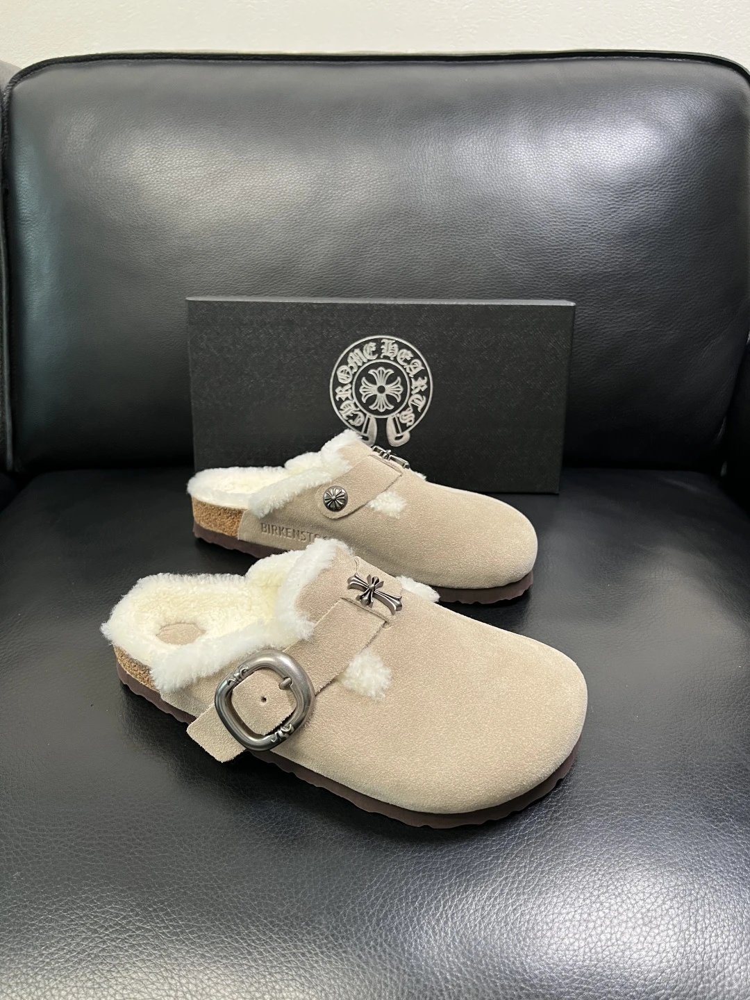 Chrome Hearts Chrome Hearts Shearling Buckle Clog Slippers Beige Shoes - Buy at OopBuy