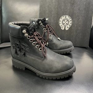 Chrome Hearts Black Leather Cross Lace Up Combat Boots