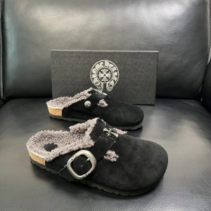 Chrome Hearts Black Shearling Buckle Clogs Unisex Shoes