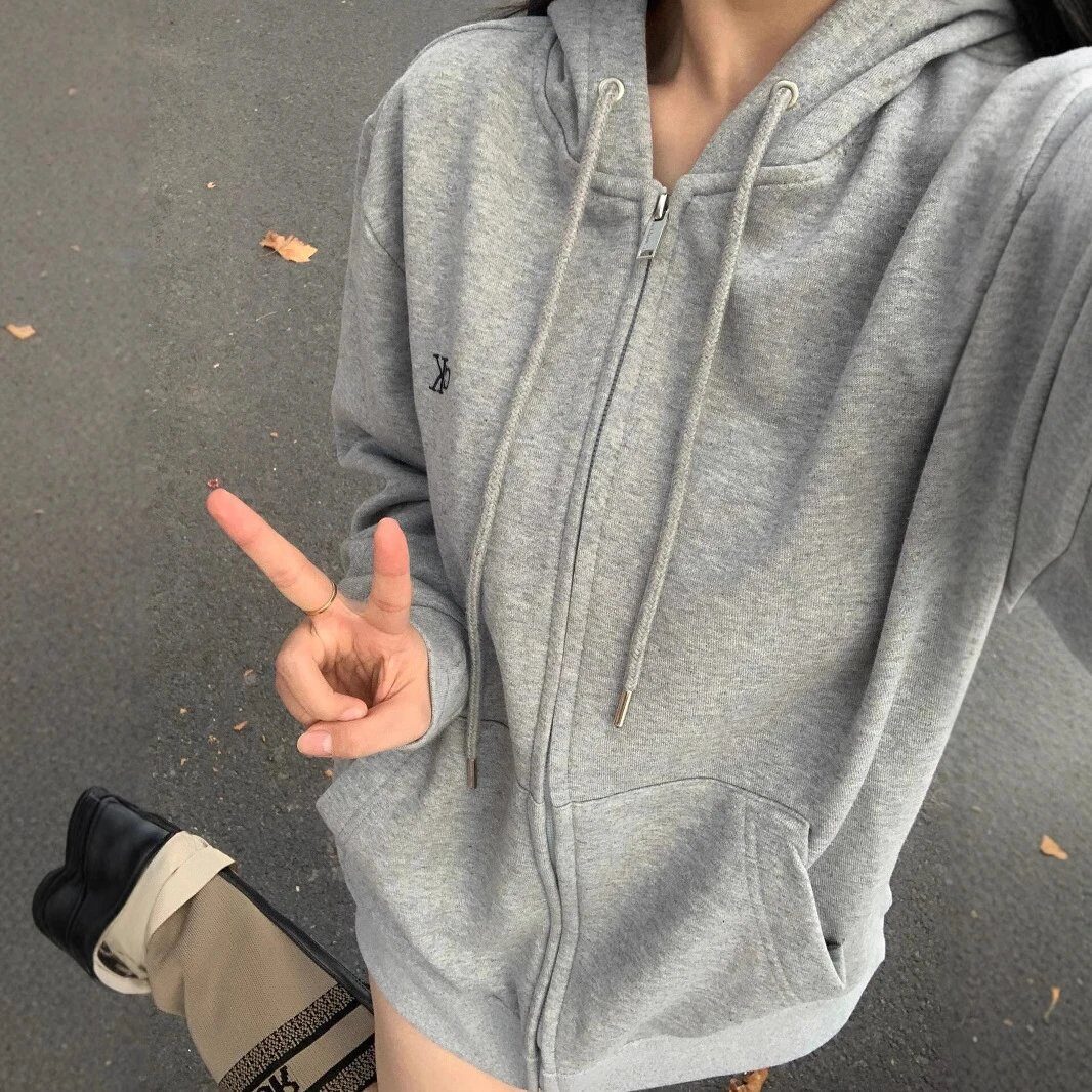Calvin Klein Gray Zip Up Hoodie with Drawstring - Buy at OopBuy