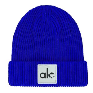 Alo Blue Ribbed Knit Cuffed Beanie Hat