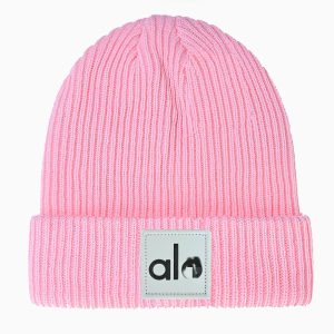 Alo Pink Knit Beanie Hat Warm Cuffed Winter Cap