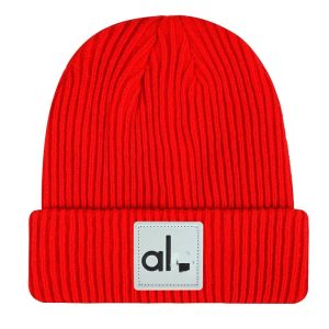 Alo Red Ribbed Knit Beanie Hat for Winter Warmth