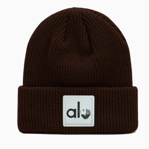 Alo Brown Ribbed Knit Cuffed Beanie Hat