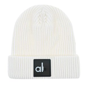 Alo White Ribbed Knit Cuffed Beanie Hat