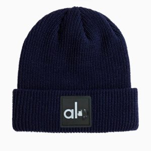 Alo Black Ribbed Knit Beanie with Logo Patch