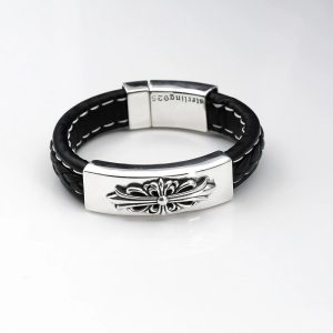 Chrome Hearts Silver Cross Leather Bracelet