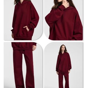 Chaokexi Oversized Burgundy Hoodie Sweatpants Set Unisex