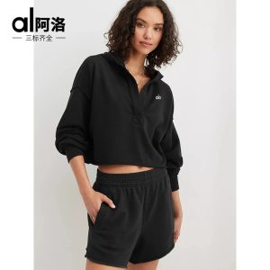 Alo Black Cropped Half-Zip Hoodie for Women