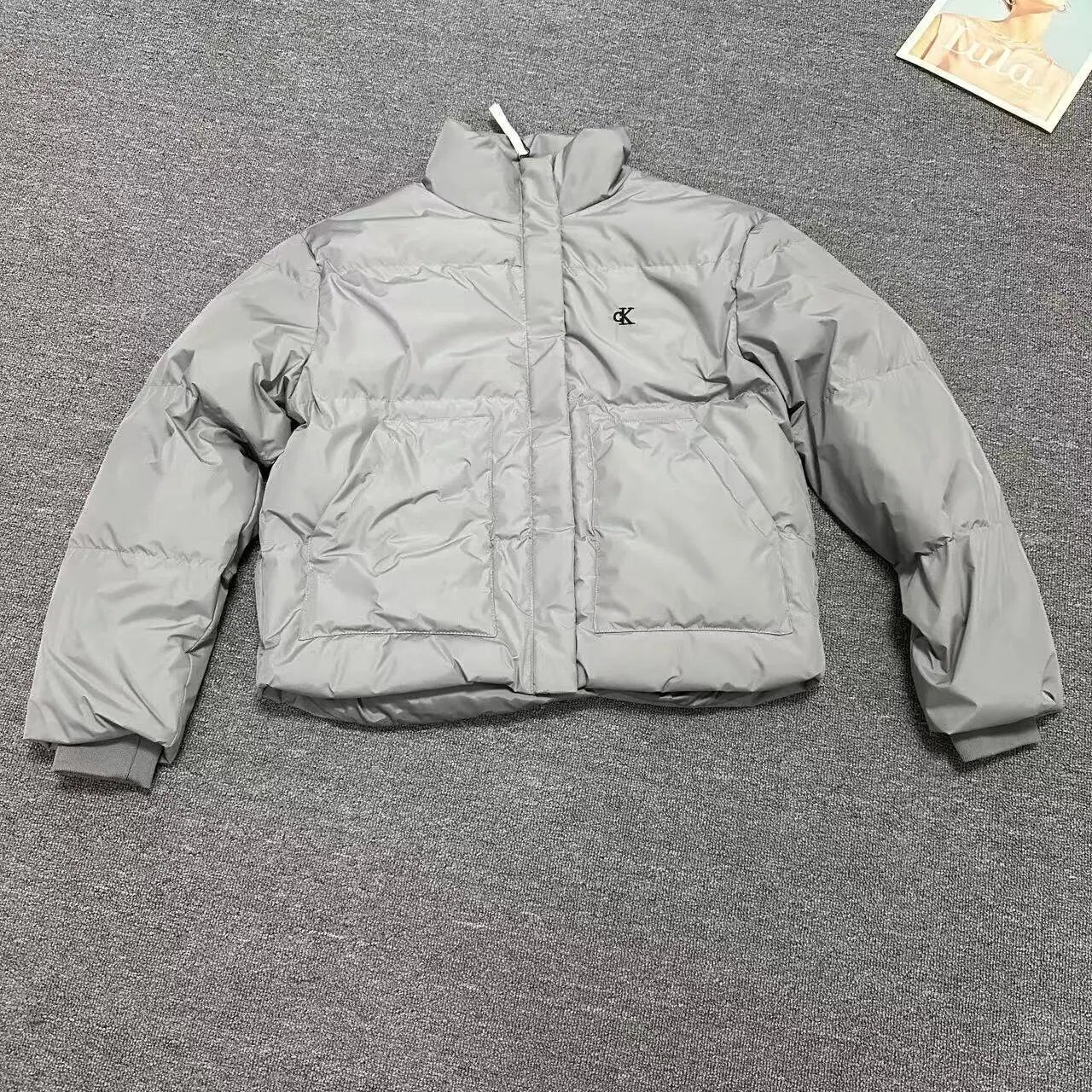 Calvin Klein Gray Quilted Puffer Jacket Zip Front Warm Coat - Buy at OopBuy
