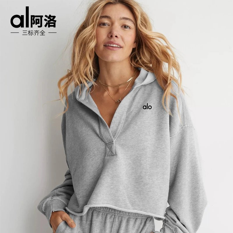 Alo Women's Gray Cropped Pullover Hoodie - Buy at OopBuy