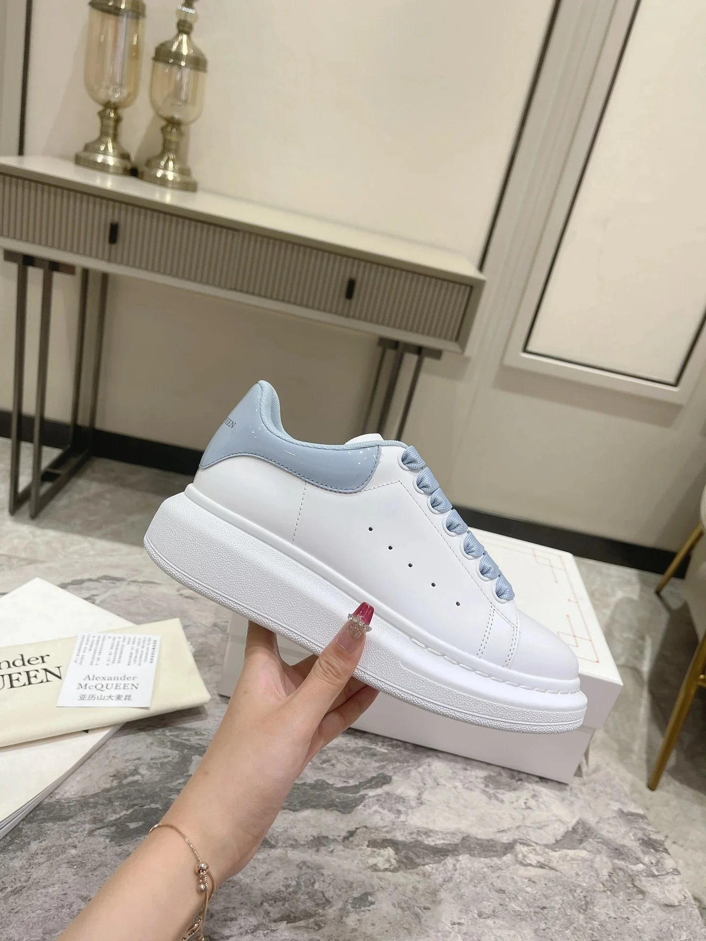 Alexander McQueen White Blue Oversized Sole Sneakers - Buy at OopBuy