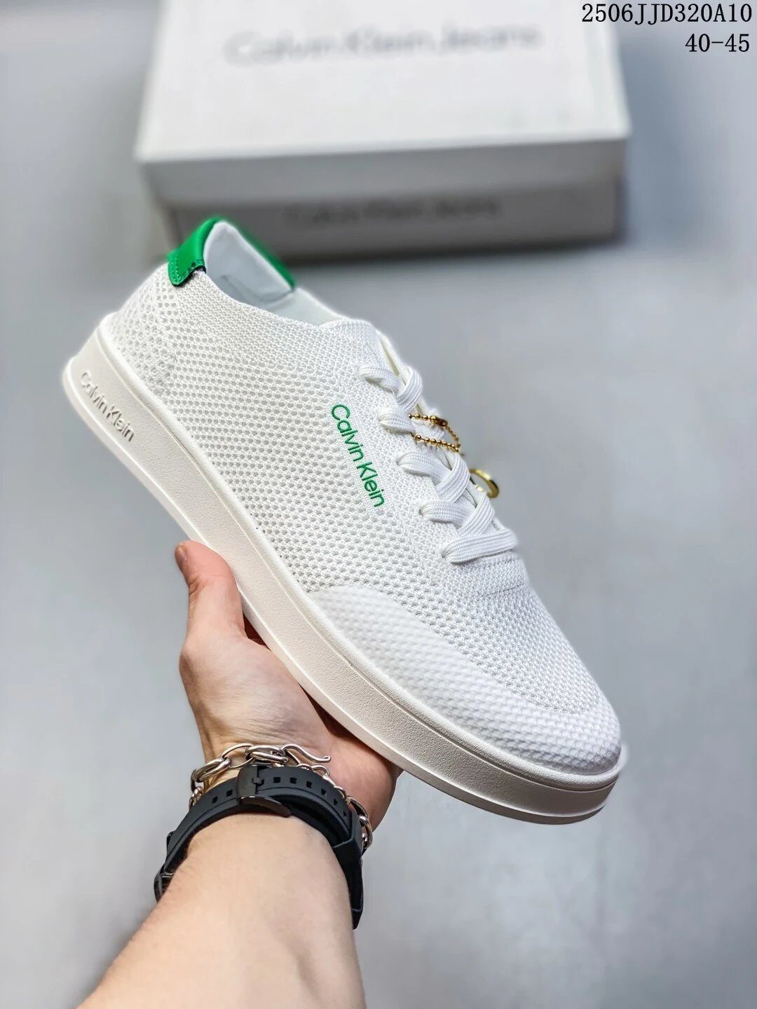 Calvin Klein White Knit Low Top Sneakers Green Accent - Buy at OopBuy