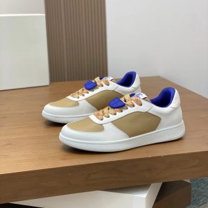 Burberry Beige White Leather Low Top Sneakers Blue Accents