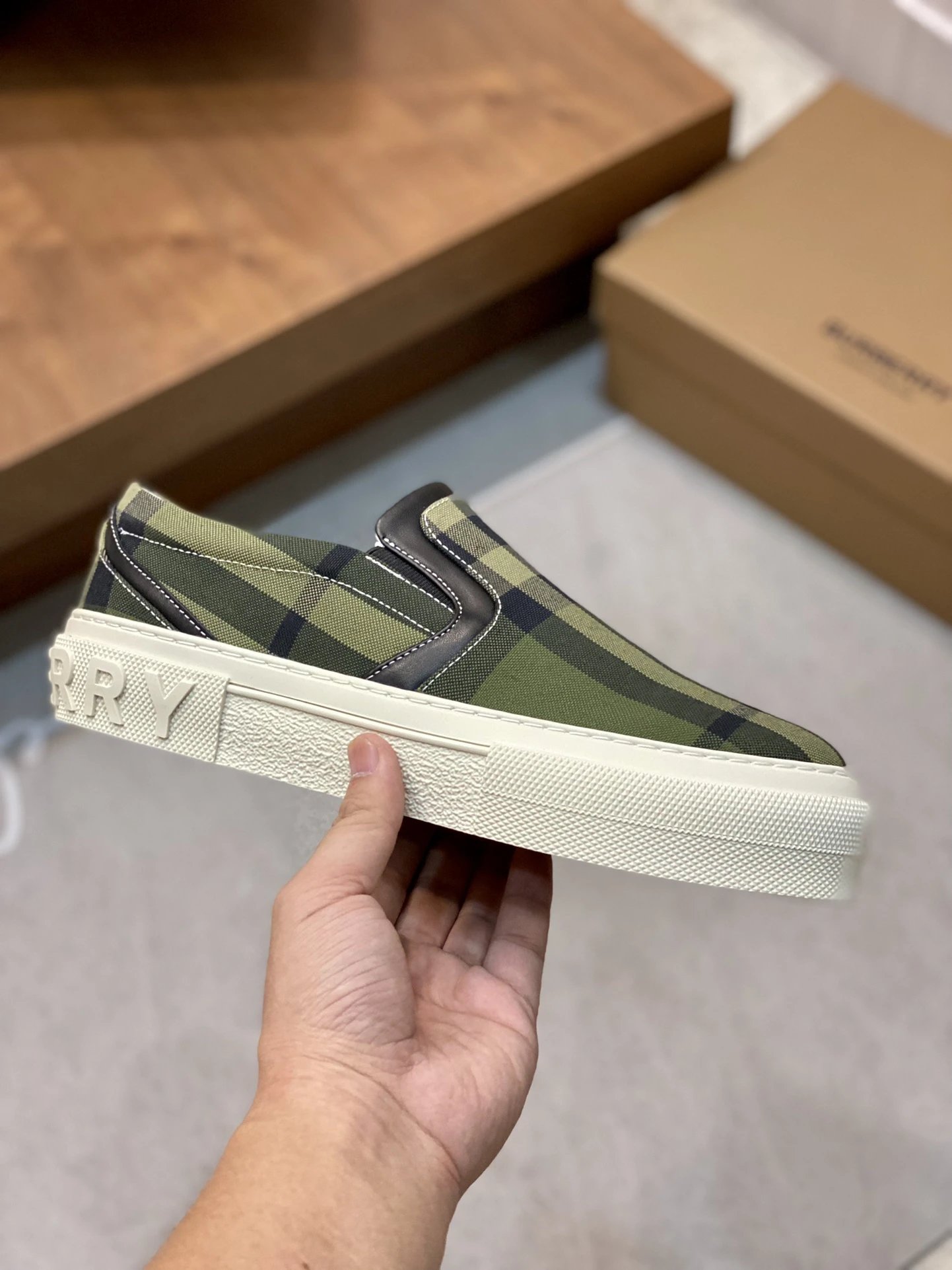 Burberry Burberry Green Check Slip-On Sneakers White Platform Sole - Buy at OopBuy